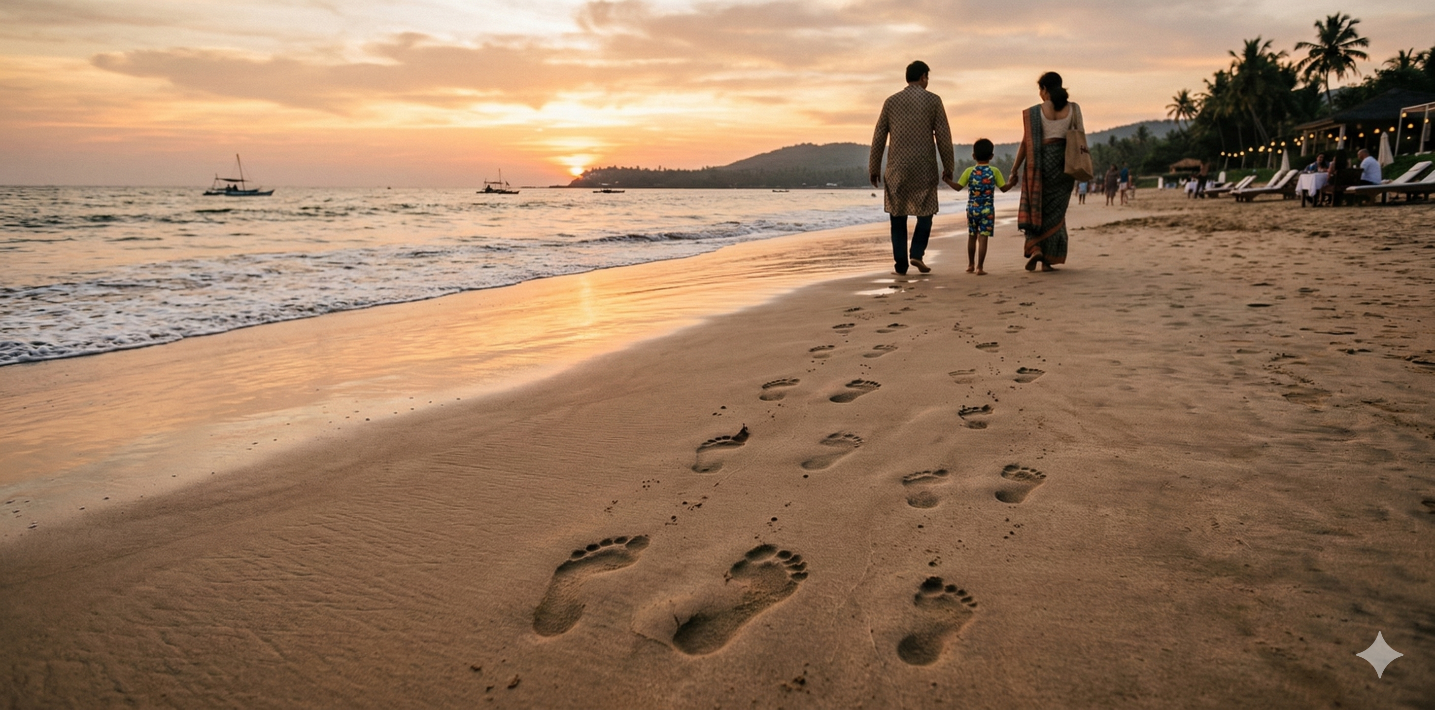 a family of three walks along a sandy beach at sunset, leaving footprints behind. the ocean waves gently meet the shore, and the sky glows with warm orange and yellow hues. palm trees and boats are visible in the distance.