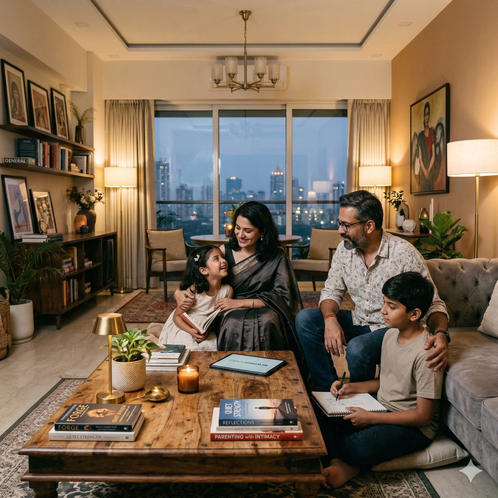 a family of four sits together in a cozy, well lit living room. the mother and daughter smile at each other on the sofa, while the father sits beside them and the son draws in a notebook on the coffee table.