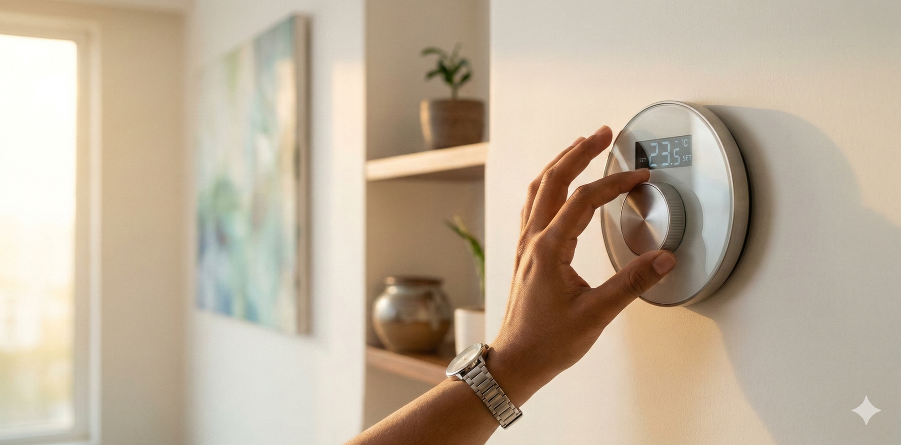 a person’s hand adjusts a modern digital thermostat mounted on a wall, displaying a temperature of 23.5°c. shelves with decorative items and a painting are visible in the background.