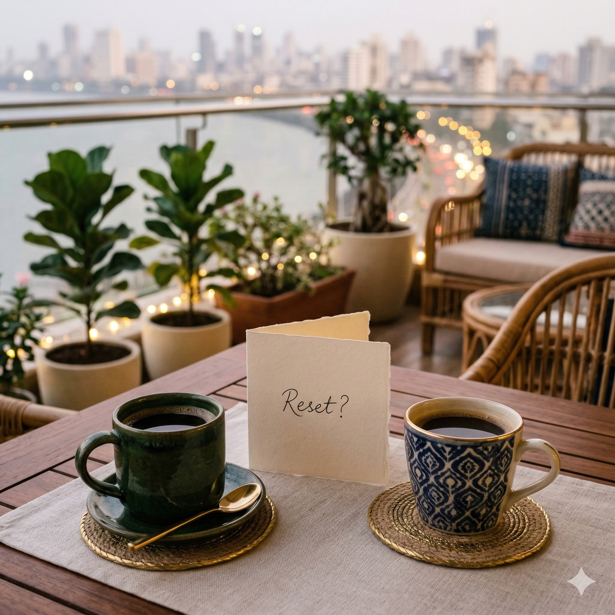 two mugs of coffee on a table with a card reading "reset?" in the center, set on a cozy balcony with potted plants and a cityscape view in the background at dusk.