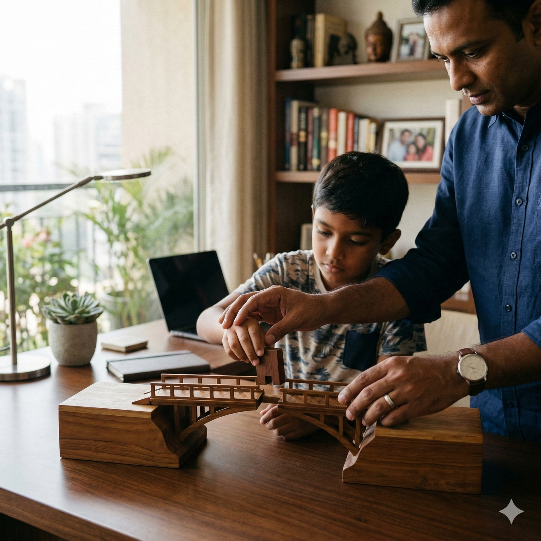 a man and a boy assemble a wooden model bridge together at a desk in a home office, with bookshelves, a laptop, and plants in the background.
