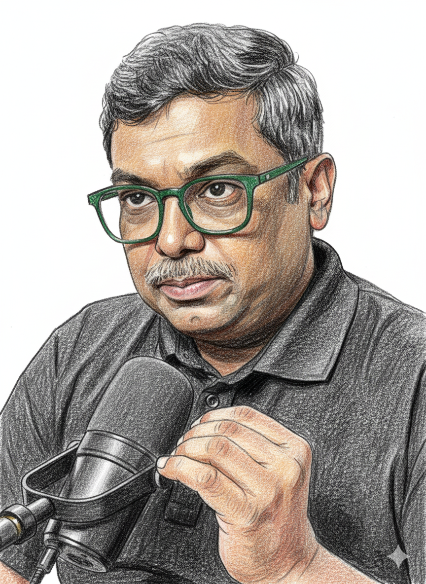 a man with short gray hair, wearing green glasses and a dark polo shirt, speaks into a microphone while gesturing with one hand. the portrait is rendered in a detailed, colored pencil style on a white background.