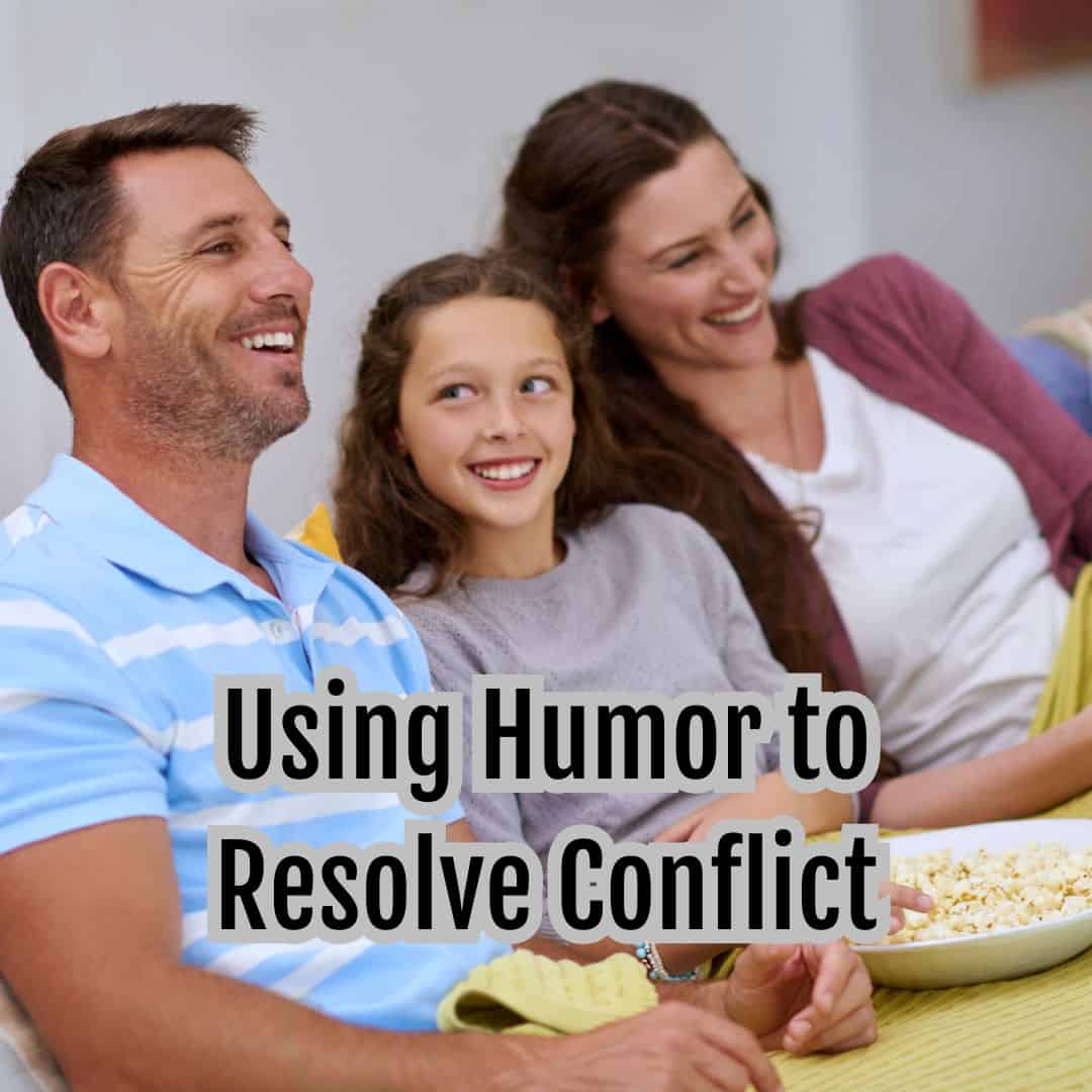 A smiling family—father, mother, and daughter—sits together on a couch with popcorn. Text on the image reads: "Using Humor to