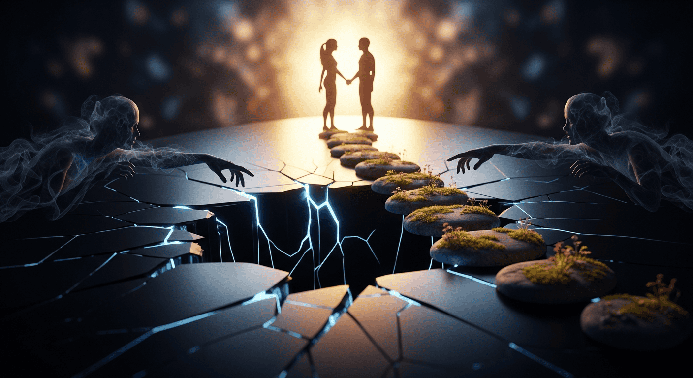 Two people hold hands on a path of stepping stones over a cracked ground, with ghostly figures reaching from either side. Lig