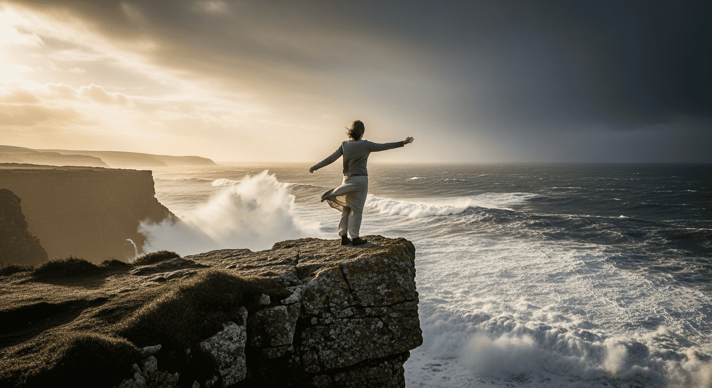 A person stands on a rocky cliff edge, arms outstretched, facing the ocean as large waves crash below under a dramatic, cloud