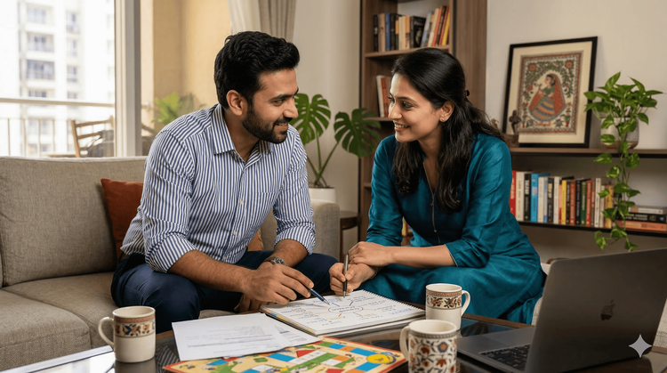 A man and woman sit together on a couch, smiling and discussing notes on paper. Surrounded by coffee mugs, documents, and a b