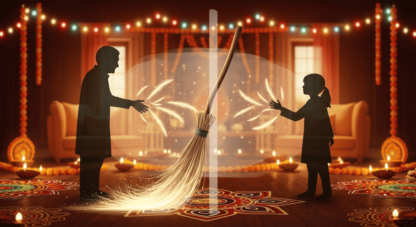 Two children silhouetted against a festive, warmly lit room with rangoli and lamps, holding a broom that emits glowing light,