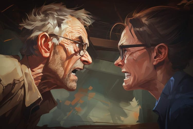 An animated depiction of an intense argument, seeking validation, between an elderly man with gray hair and a woman with glas