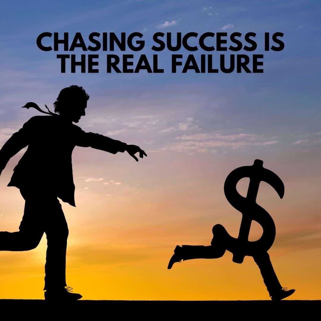 A silhouette of a person, embodying modern manhood, chases a running dollar sign against a sunset sky. Above, the text reads,