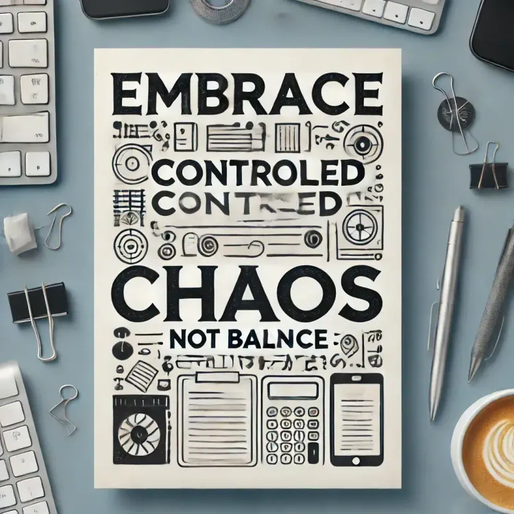 A flat lay showcases a notebook with "Embrace controlled chaos, not balance" amid office essentials—pens, paper clips, a calc