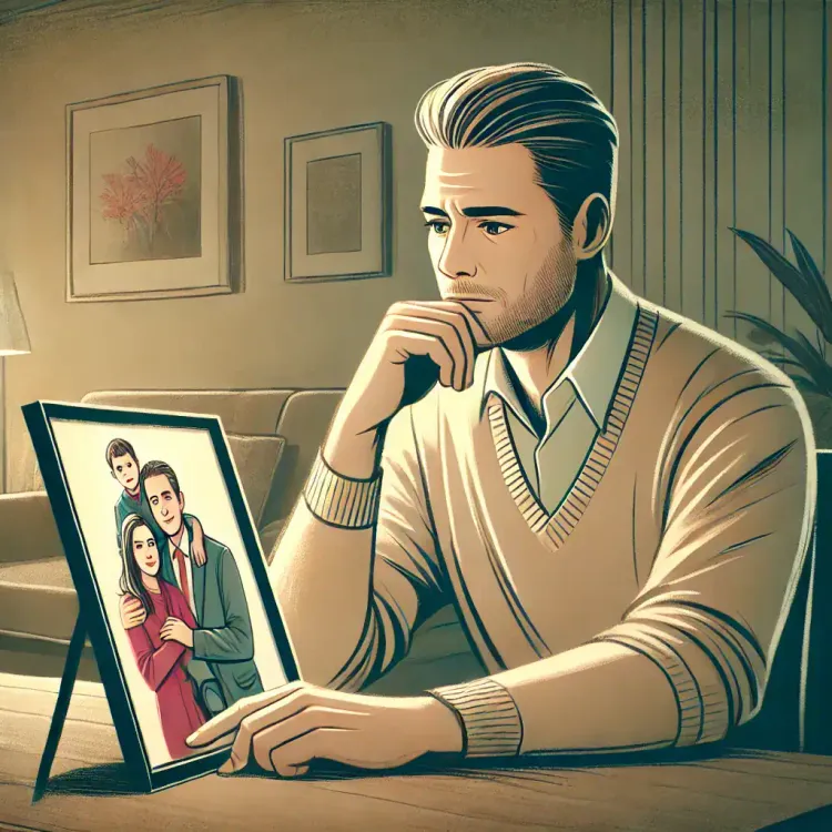 A thoughtful man sits at a table, reflecting on 3 lessons he knew before marriage, as he gazes at a framed family photo. The