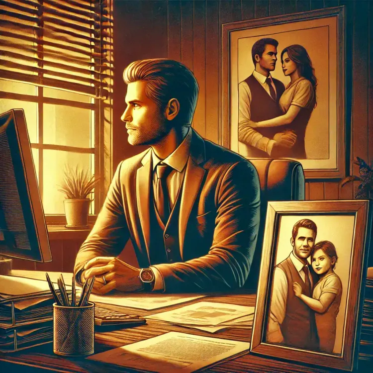 A person in formal attire sits at a desk, focused on their career, as sunlight filters through the window blinds of a warmly