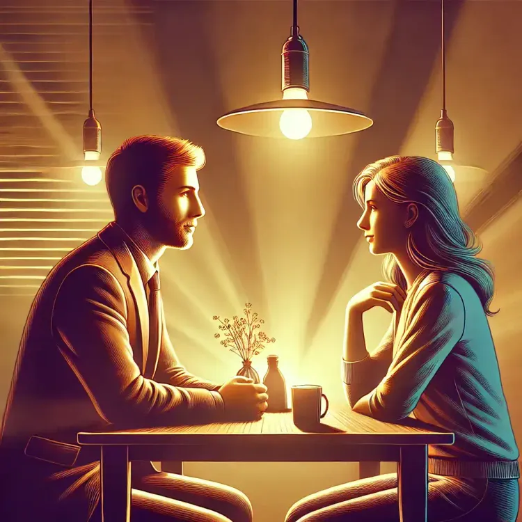 A man and woman sit across from each other at a small table, illuminated by warm hanging lights. The man holds a small bottle