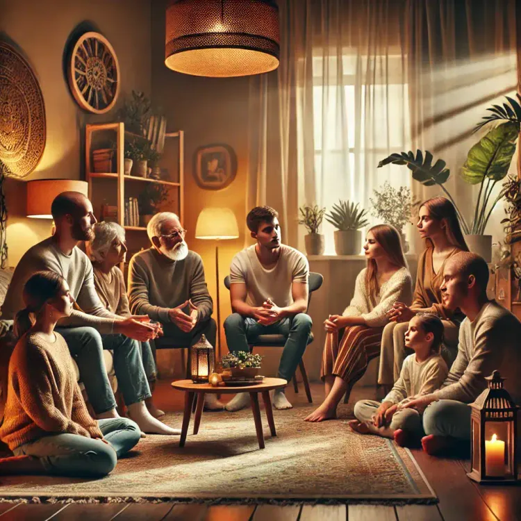 A group of people of different ages is sitting in a cozy, warmly lit living room. Engaged in conversation and surrounded by p