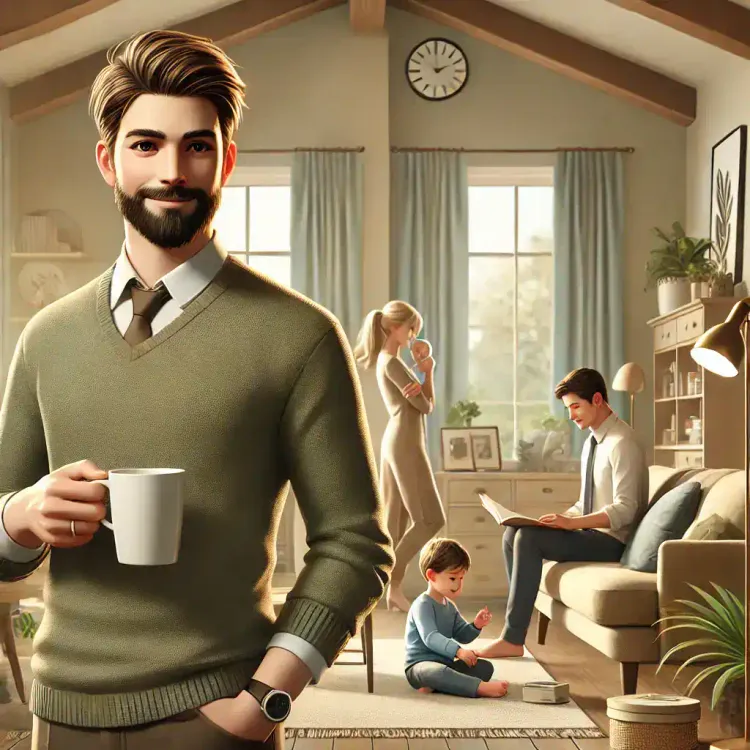A cozy living room showcases signs of maturity; a bearded man holds a mug in the foreground. In the background, a woman with