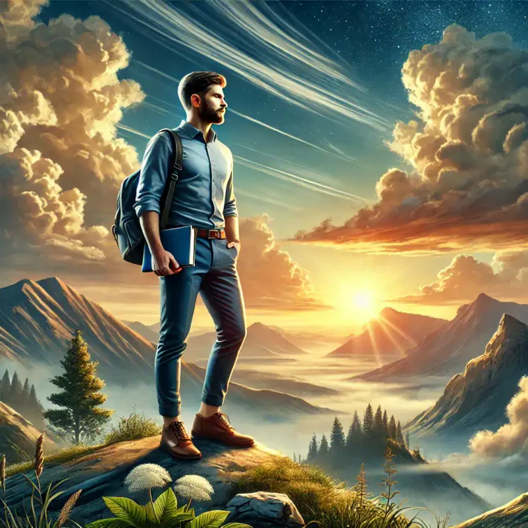 A man stands confidently on a mountain peak, signs of maturity evident as he holds a book and wears a backpack. The scenic ba