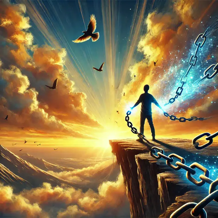 A silhouetted figure stands on a cliff's edge at sunrise, breaking chains that transform into blue energy. Birds fly around,
