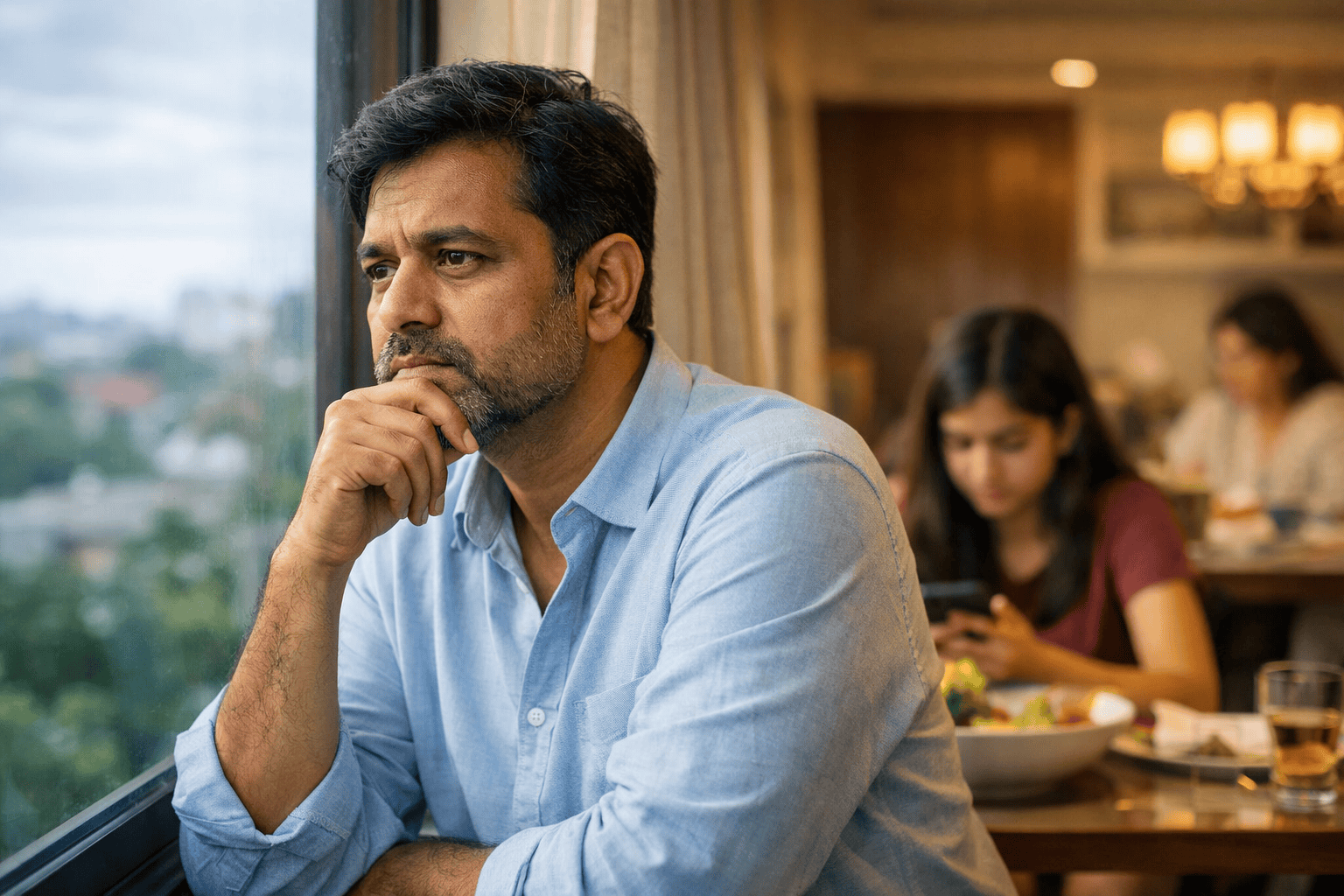 A man in a light blue shirt sits by a window, resting his chin on his hand and reflecting on family balance. In the backgroun