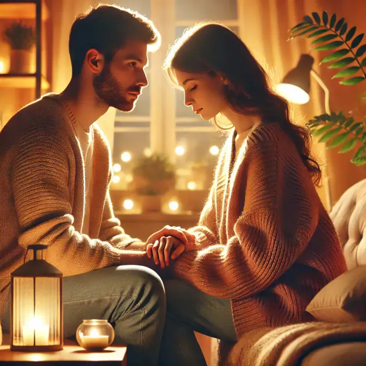 A couple sits holding hands in a warmly lit room, embodying the key to a successful relationship. Soft lighting creates a coz