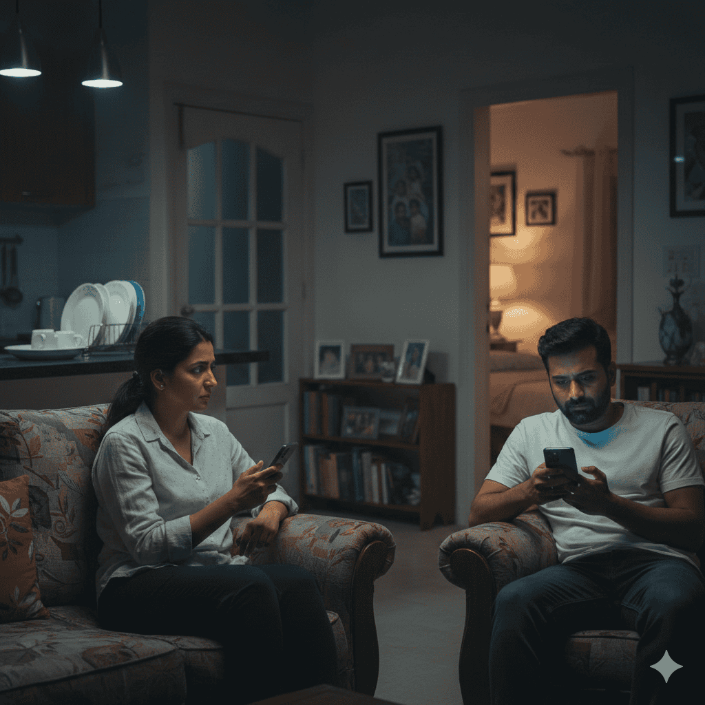 A tired woman and man sit on separate couches in their house’s dimly lit living room at night, both looking at their phones w