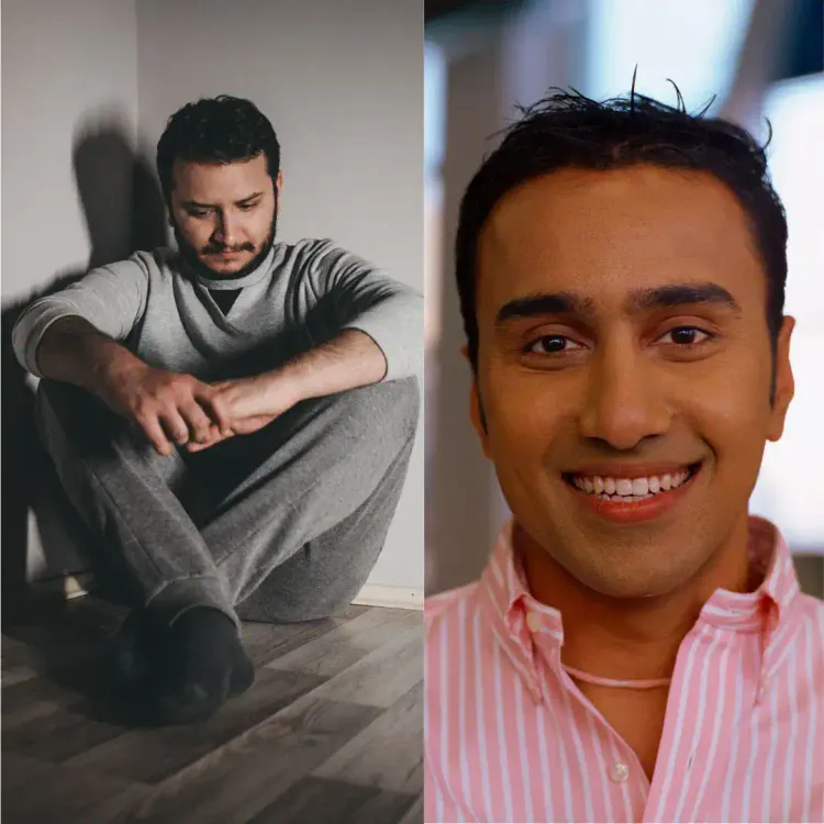 A split image shows a transformation. On the left, a man in grey casual clothing sits on the floor looking sad and reflective