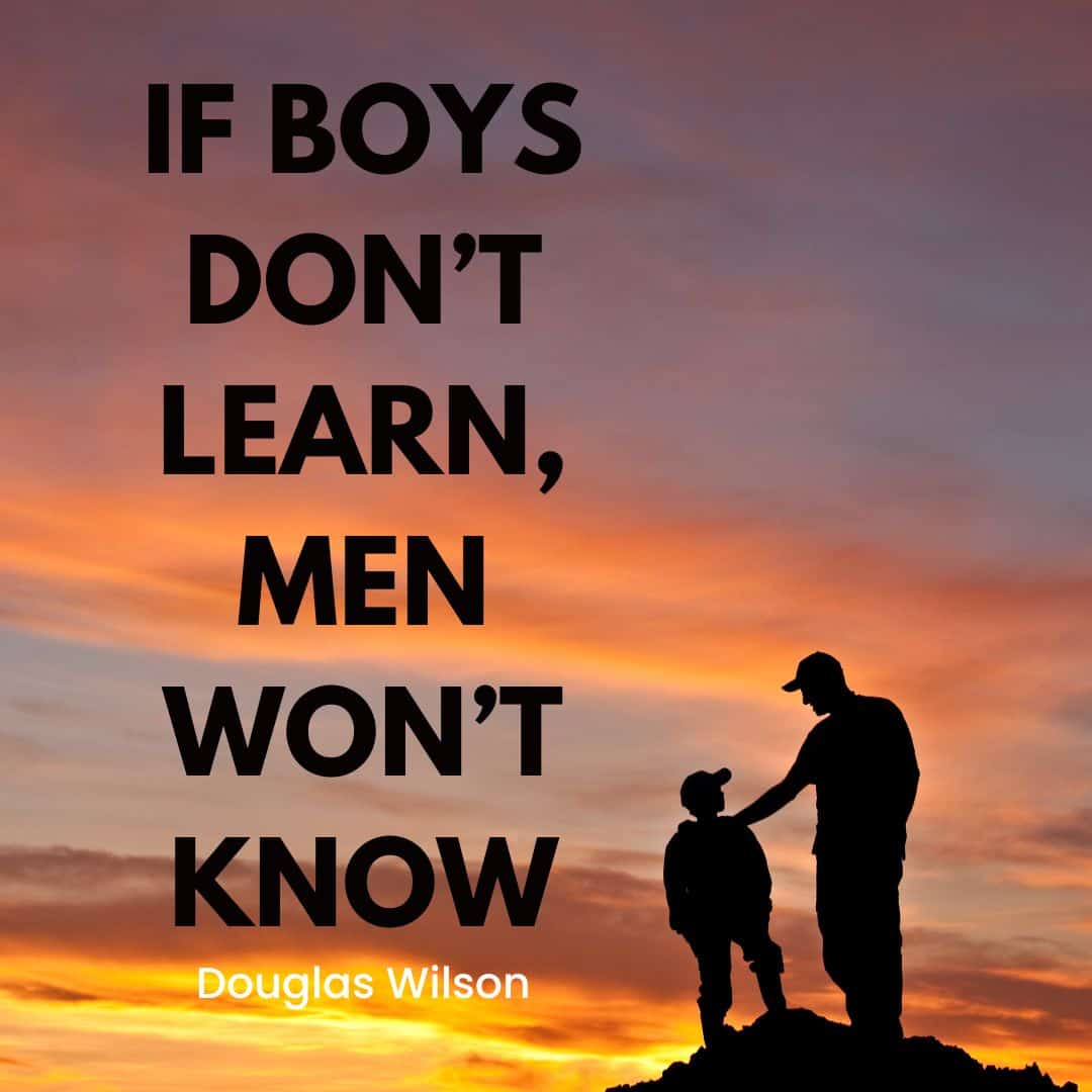 Silhouetted image of an adult and a child standing on a hill against a vibrant sunset sky. Text on the image reads, "If boys