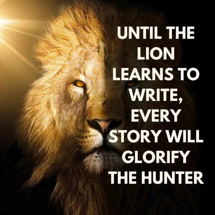 A close-up image of a lion's face divided between a brightly lit golden side and a darker shadowy side. Text on the right sid