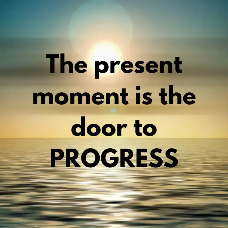 A serene image of a sunset over calm waters with the text "The present moment is the key to personal growth" in bold, black l
