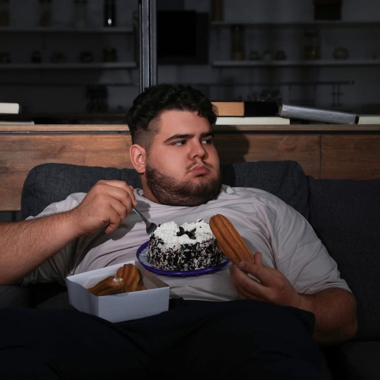 A person with short dark hair, wearing a light gray t-shirt, sits on a couch holding a partially eaten chocolate cake with wh