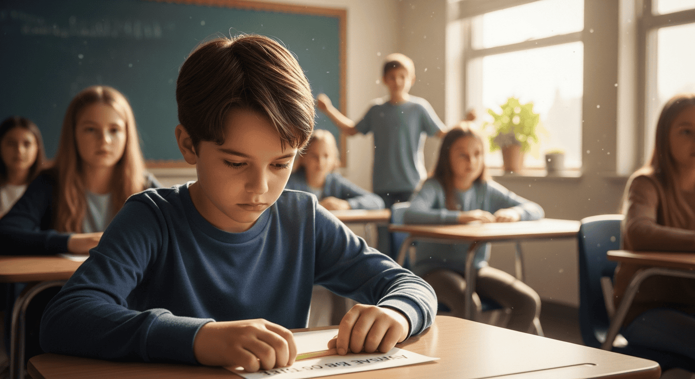 A young boy sits at his desk in a classroom, looking down thoughtfully at a piece of paper, reflecting on personal growth whi