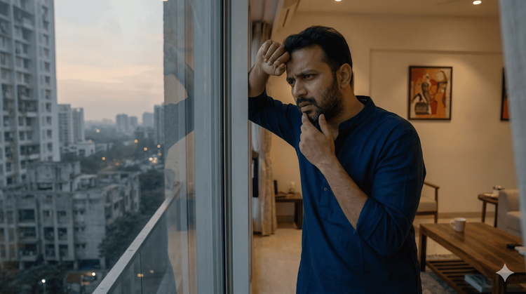 A man in a blue shirt stands indoors, leaning against a window and looking out thoughtfully, reflecting on personal growth. C