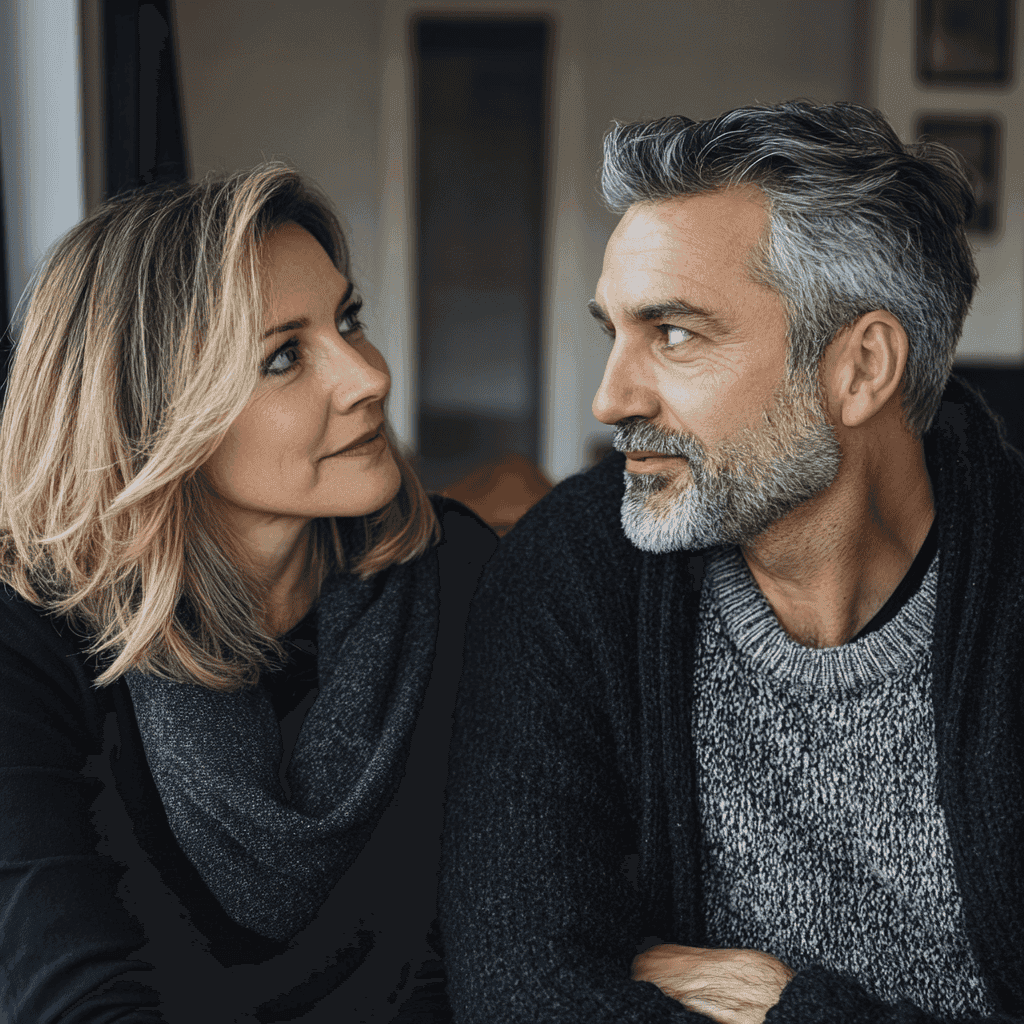 A couple looking at each other smiling, with a woman on the left and a man on the right. They have gray hair and wear dark sw