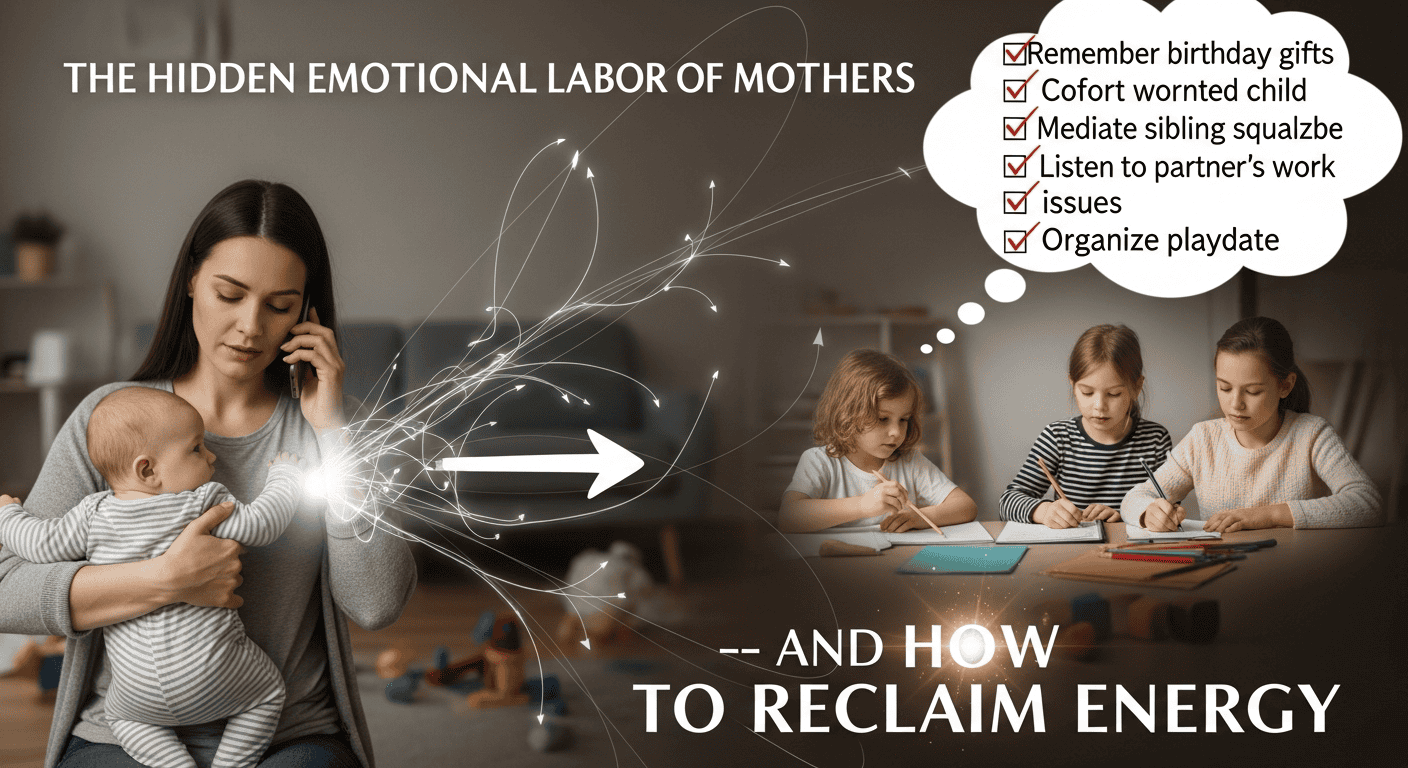 A tired mother multitasks on the phone while holding a baby, with a thought bubble listing tasks and two children playing beh
