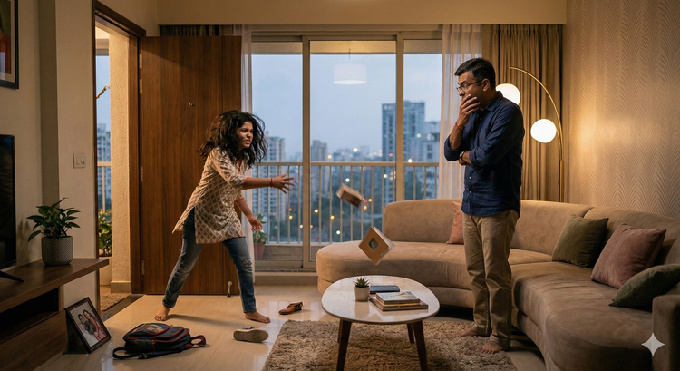 A woman angrily throws a book at a man standing by a sofa in a modern living room, as he looks surprised and covers his mouth