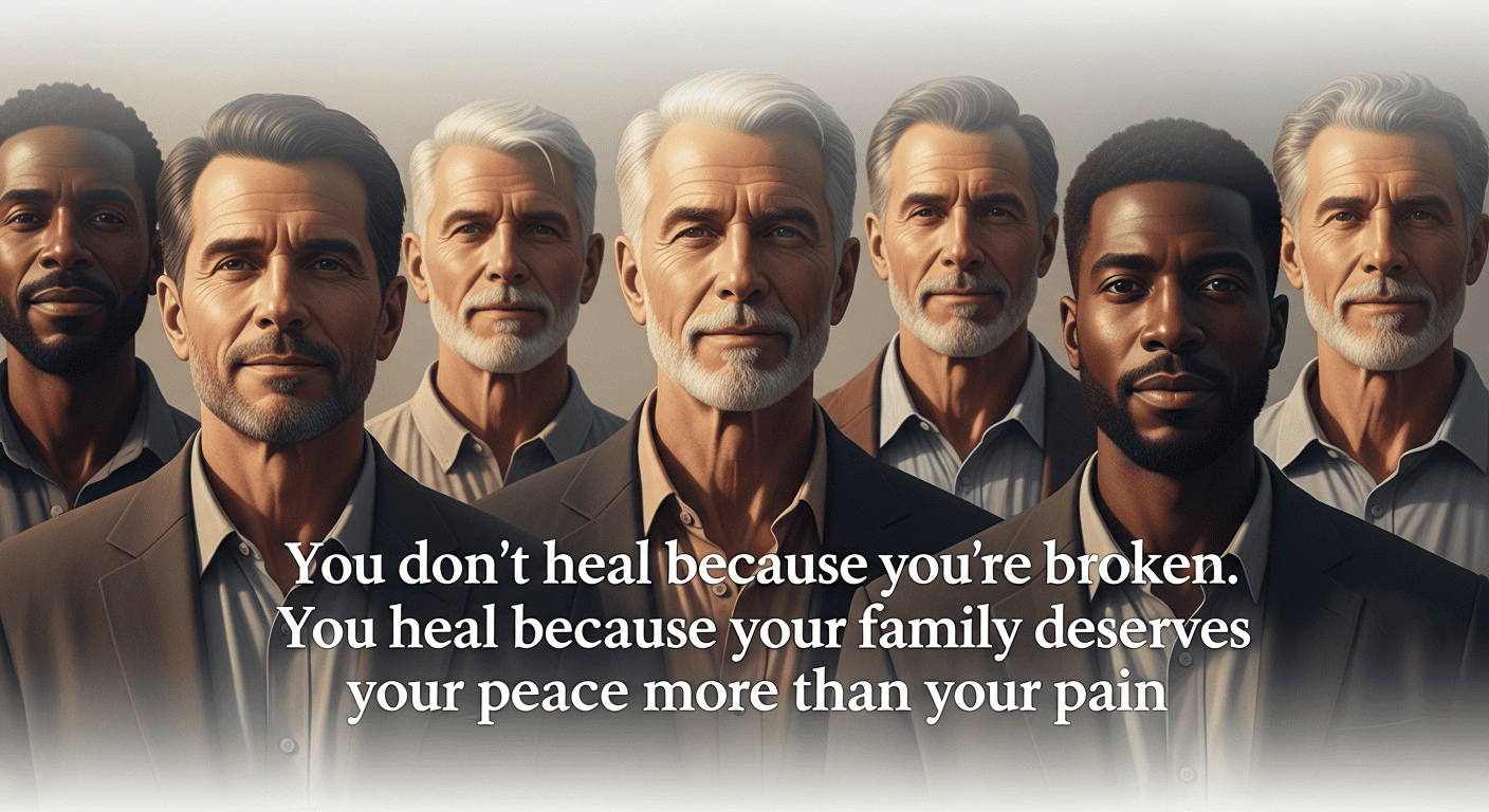 A group of older men in suits stand together, facing forward with calm expressions. Overlaid text reads: "You don’t heal beca