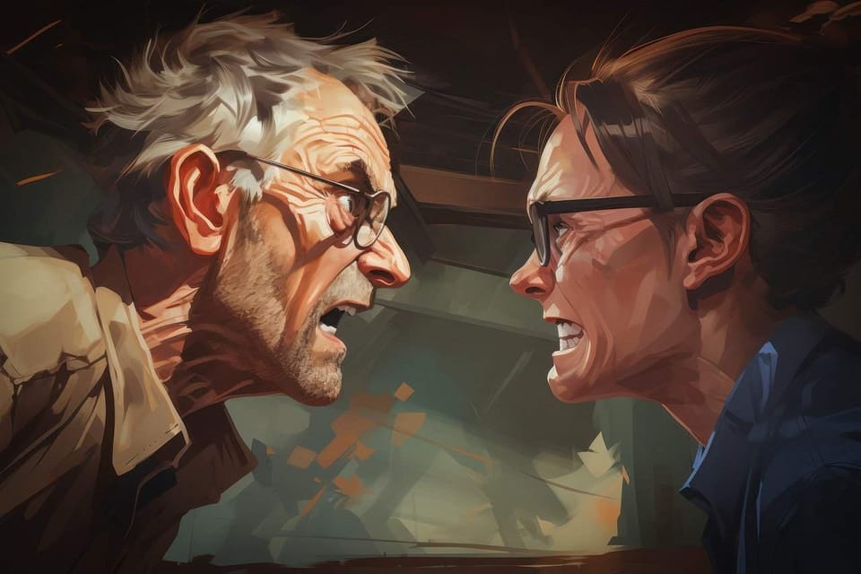 An animated depiction of an intense argument, seeking validation, between an elderly man with gray hair and a woman with glas