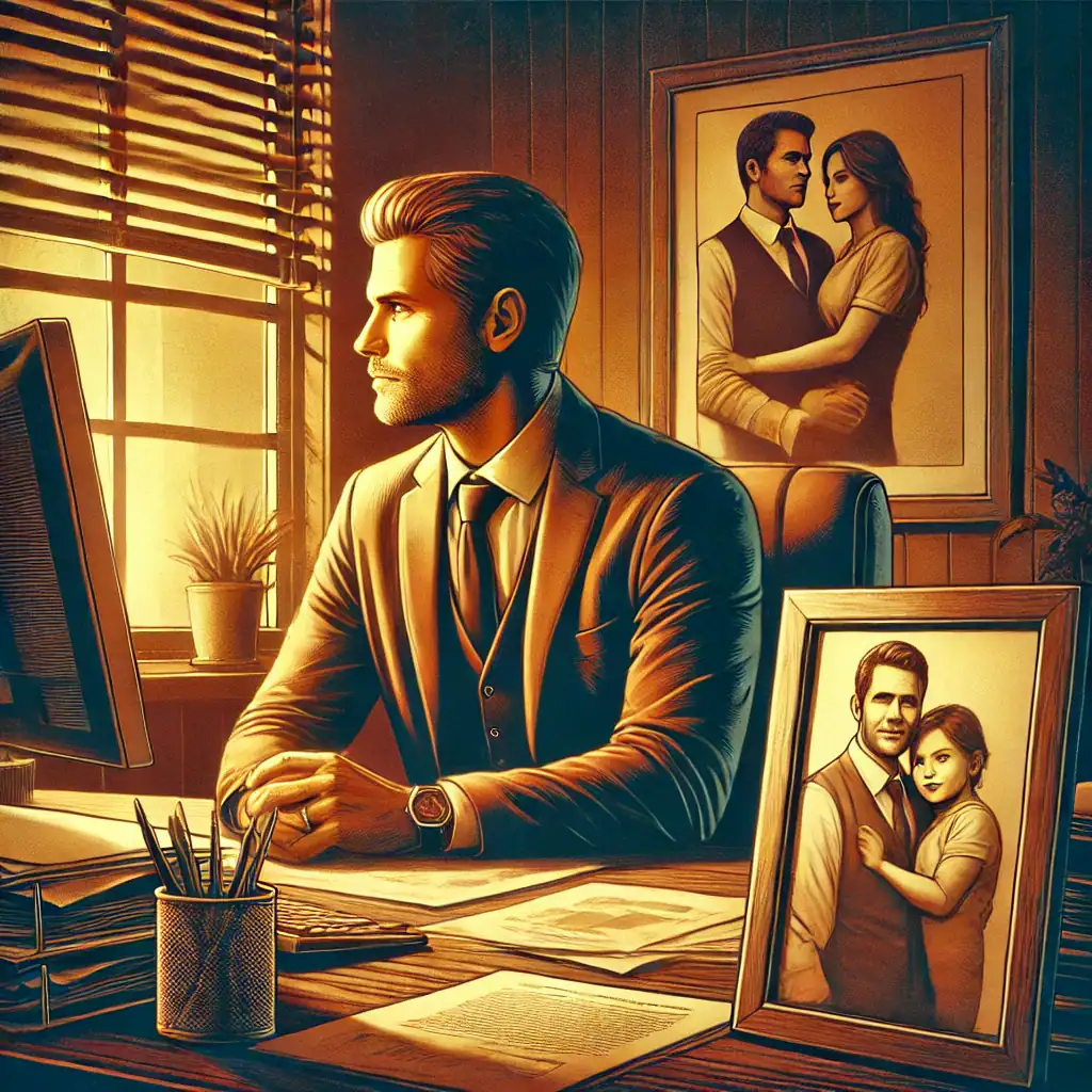 A person in formal attire sits at a desk, focused on their career, as sunlight filters through the window blinds of a warmly