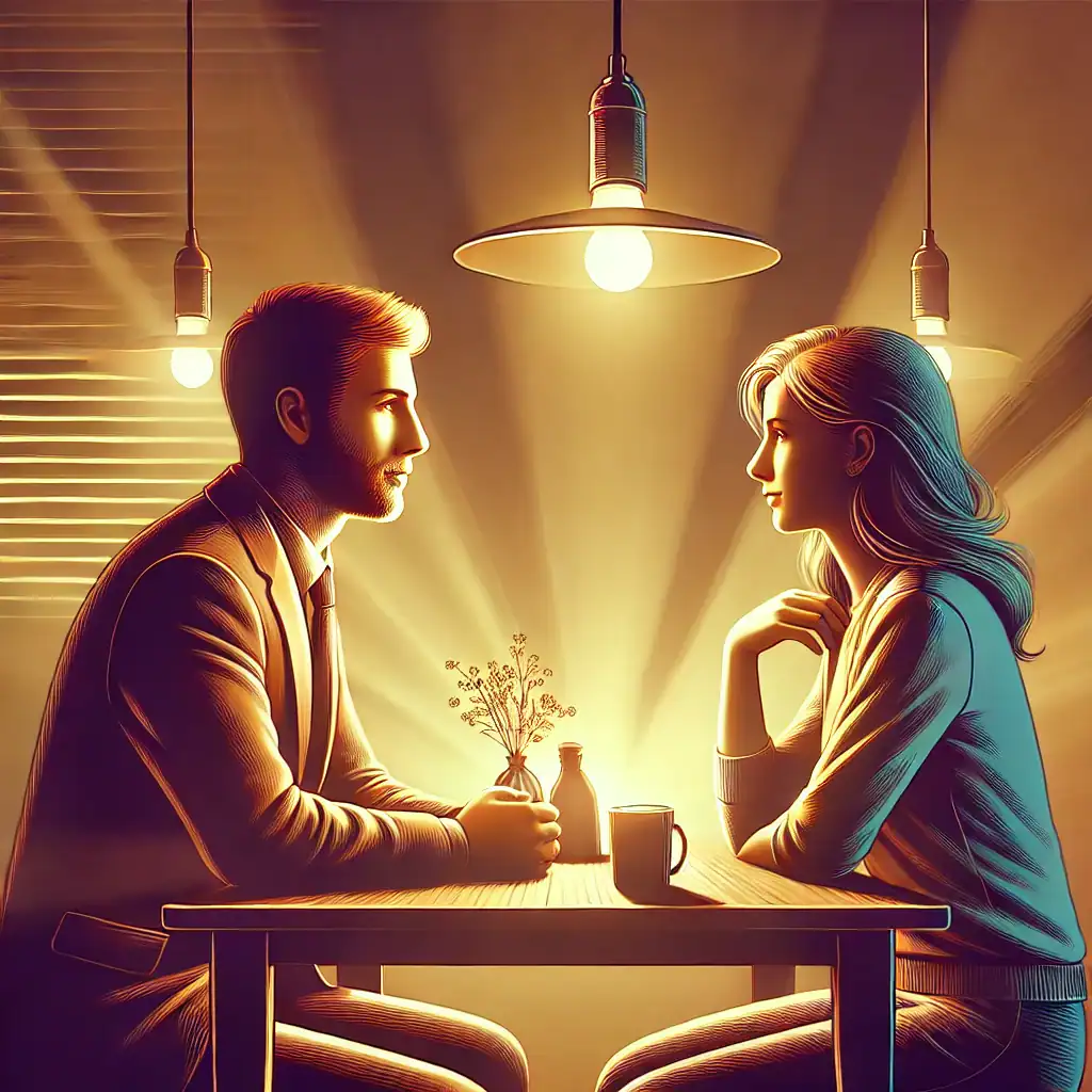 A man and woman sit across from each other at a small table, illuminated by warm hanging lights. The man holds a small bottle