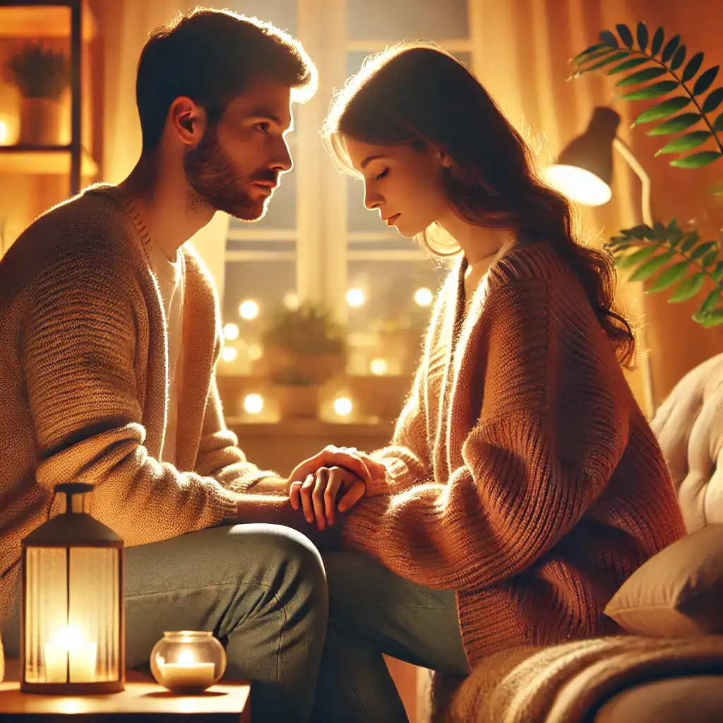 A couple sits holding hands in a warmly lit room, embodying the key to a successful relationship. Soft lighting creates a coz