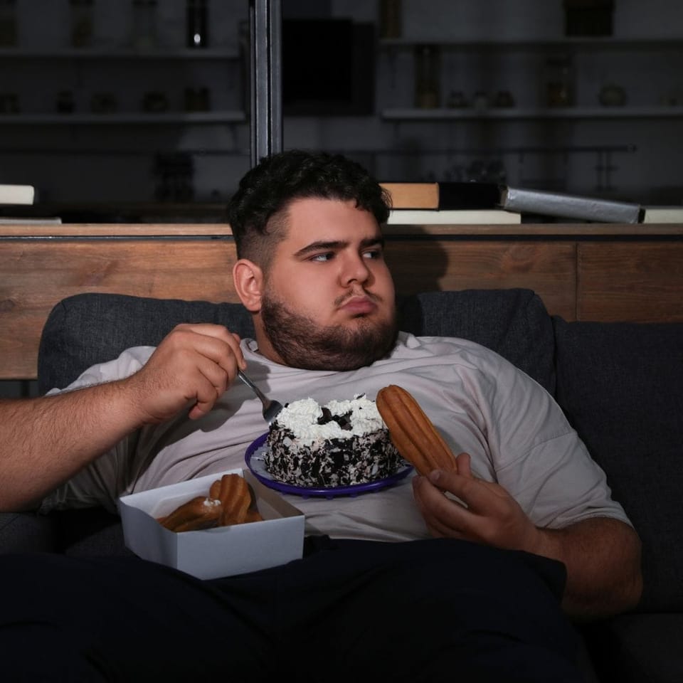 A person with short dark hair, wearing a light gray t-shirt, sits on a couch holding a partially eaten chocolate cake with wh
