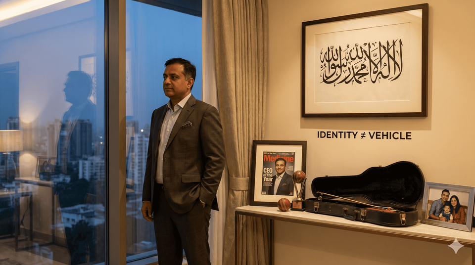 A man in a suit stands by a large window overlooking a city. Behind him, mementos of personal loss—like a violin case and fra